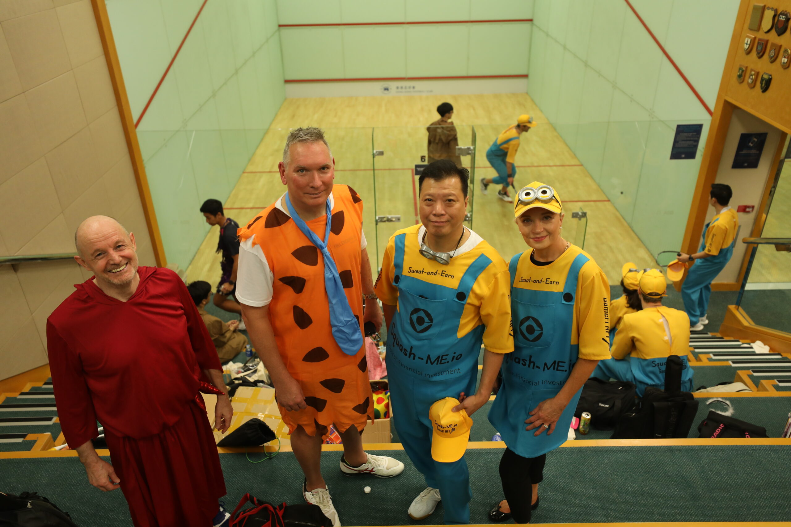 From left,  Steve Gollop, Chairman Squash Section Charity Sub Committee, Damien Laracy, Managing partnerLaw firm of Hill Dickenson, Charles Li, Chief Executive Officer of Pelican Financial and Karen Scheinecker, Managing Director of Oceanic Industrial Centre at the 2022 Annual Wing Ding Charity Tournament held at the HKFC squash centre. 19NOV22 SCMP / Xiaomei Chen